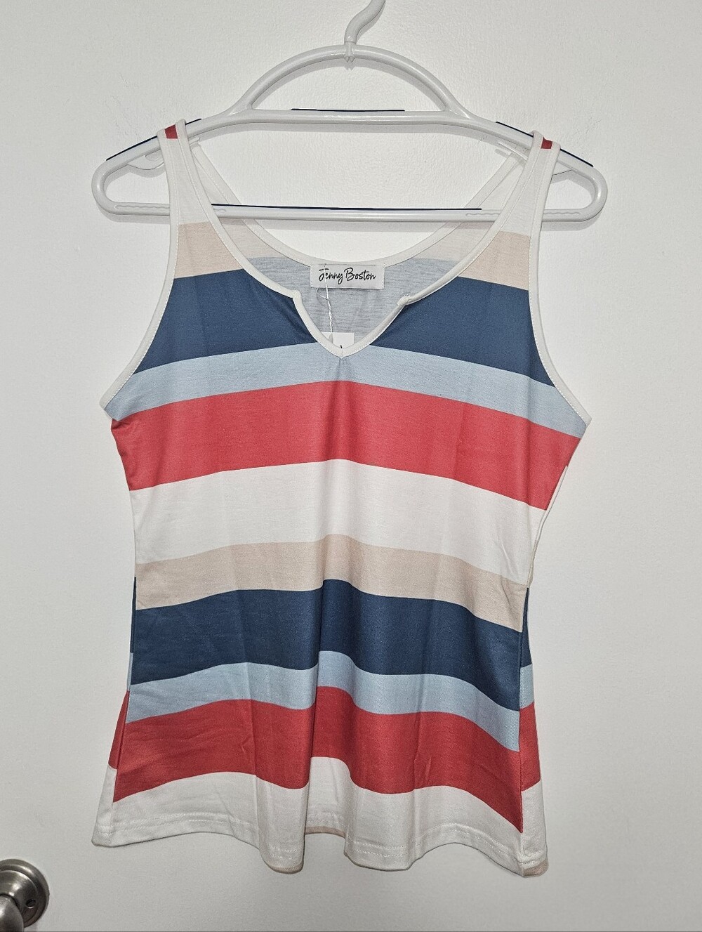 Jenny Boston White Blue & Red  Multi-Stripe V-Neck Tank Top Medium Summer